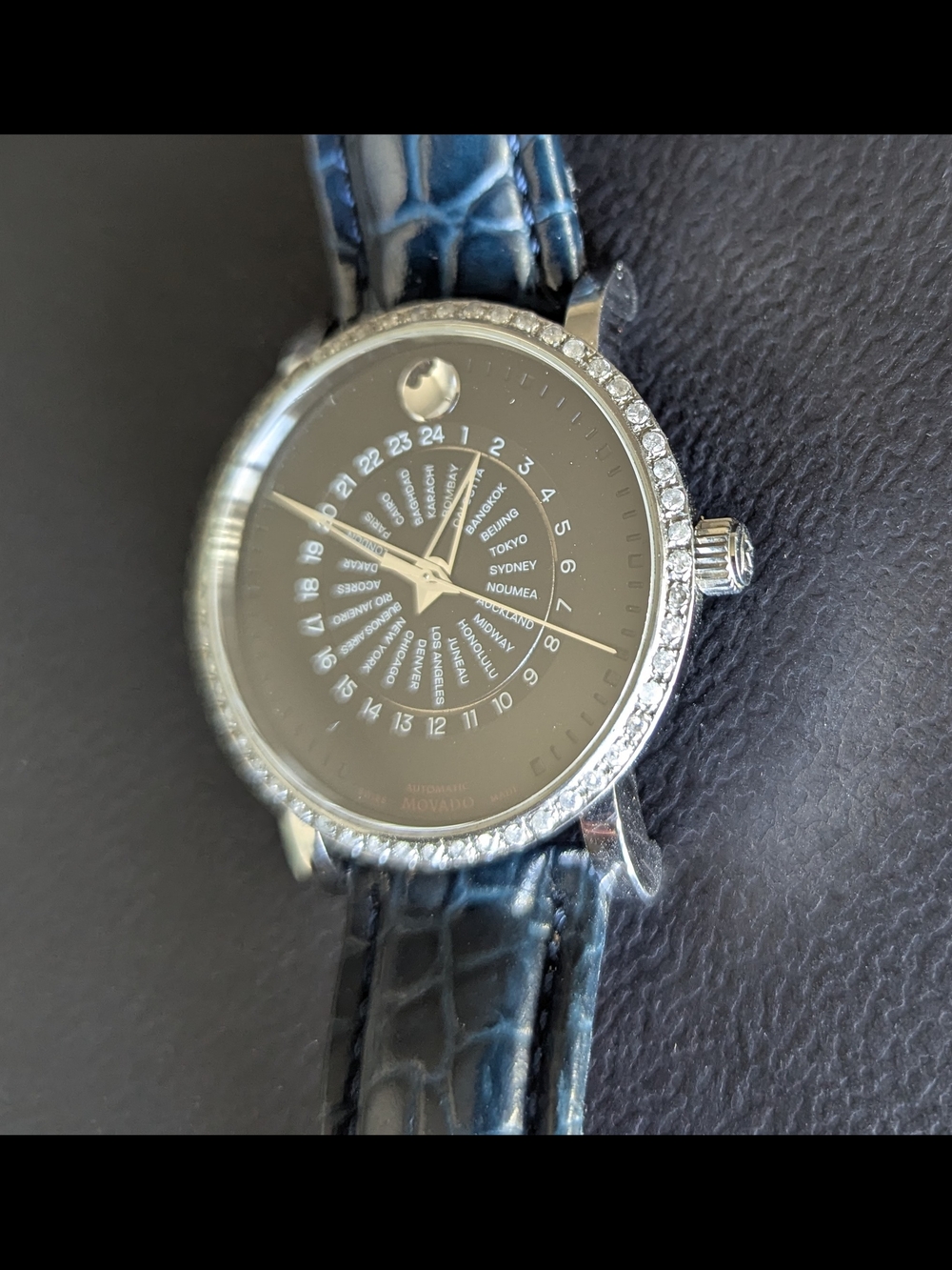 Movado Black Dial Diamond Bezel Watch with Black Strap - Picture 3 of 14